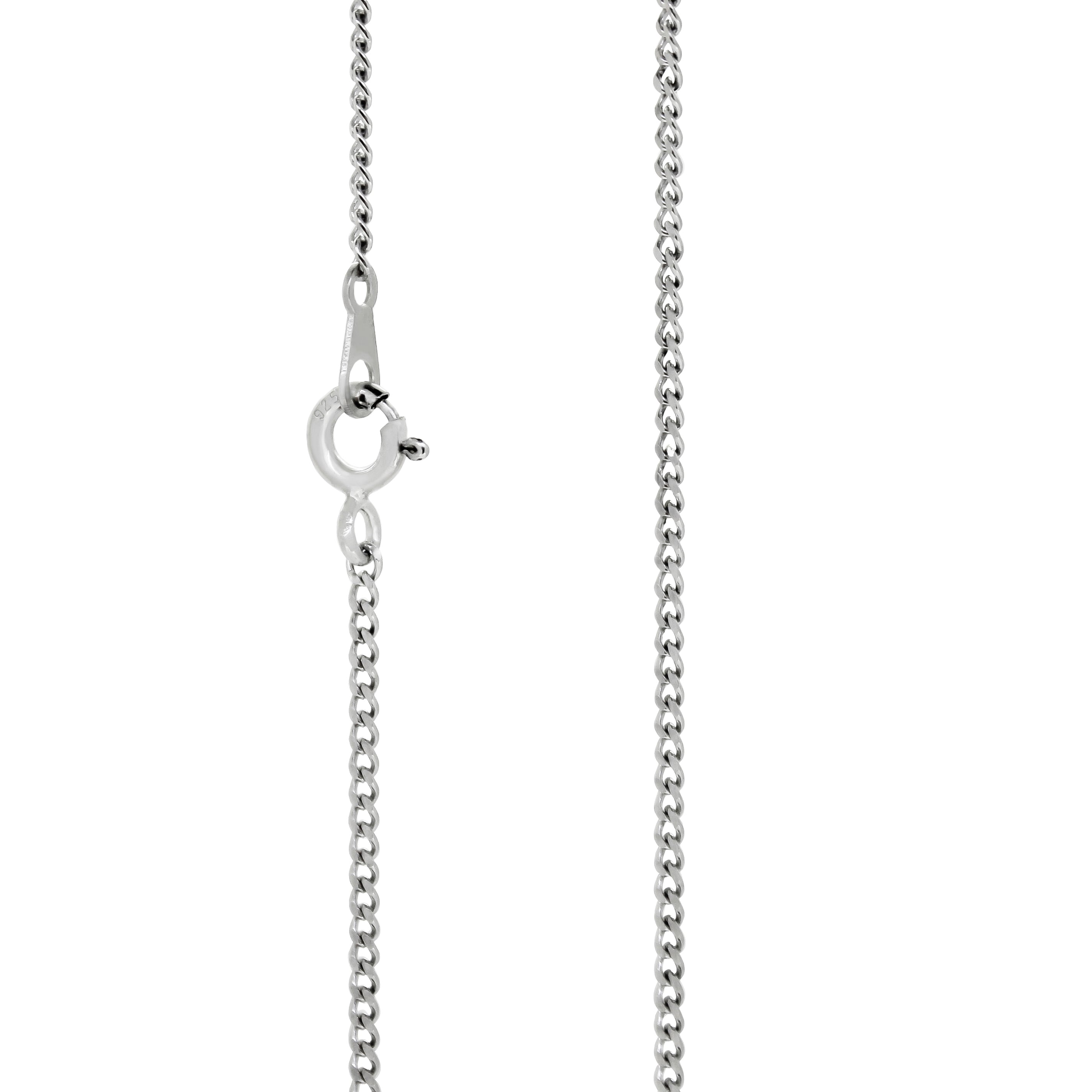 A product photo of a silver chain for a pendant on a blank white background. The chain has classic, 30 gauge ovoid-shaped curb links.