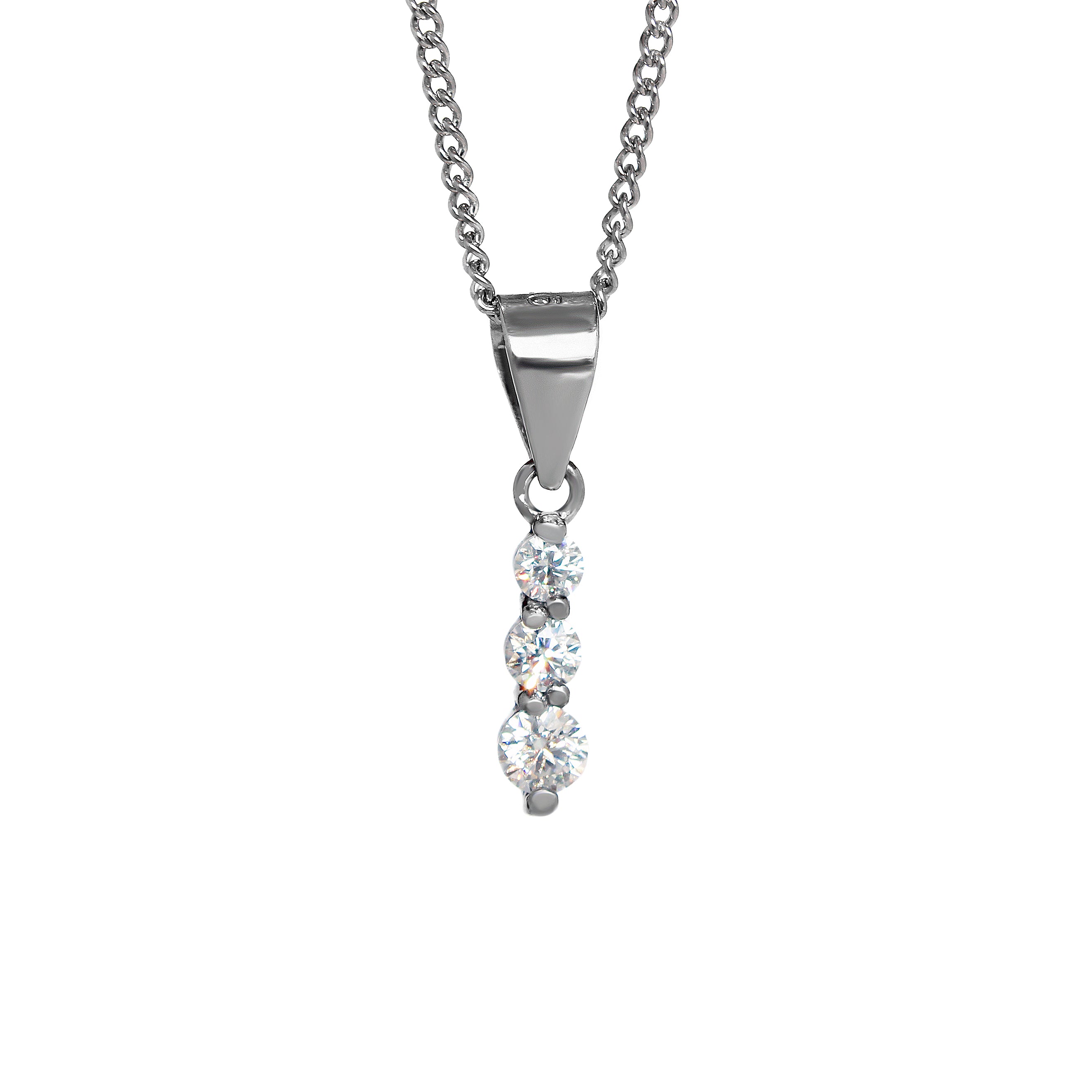 A product photo of a silver moissanite pendant made up of 3 stones stacked vertically, descending from smallest to largest. The pendant is suspended by a silver chain against a white background.