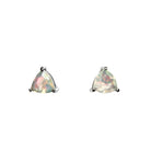 A product photo of a pair of faceted rainbow opal stud earrings set in silver on a white background. The Ethiopian rainbow opal stones are cut into trilliant shapes, and are held in place by 2 delicate silver claws on either corner.