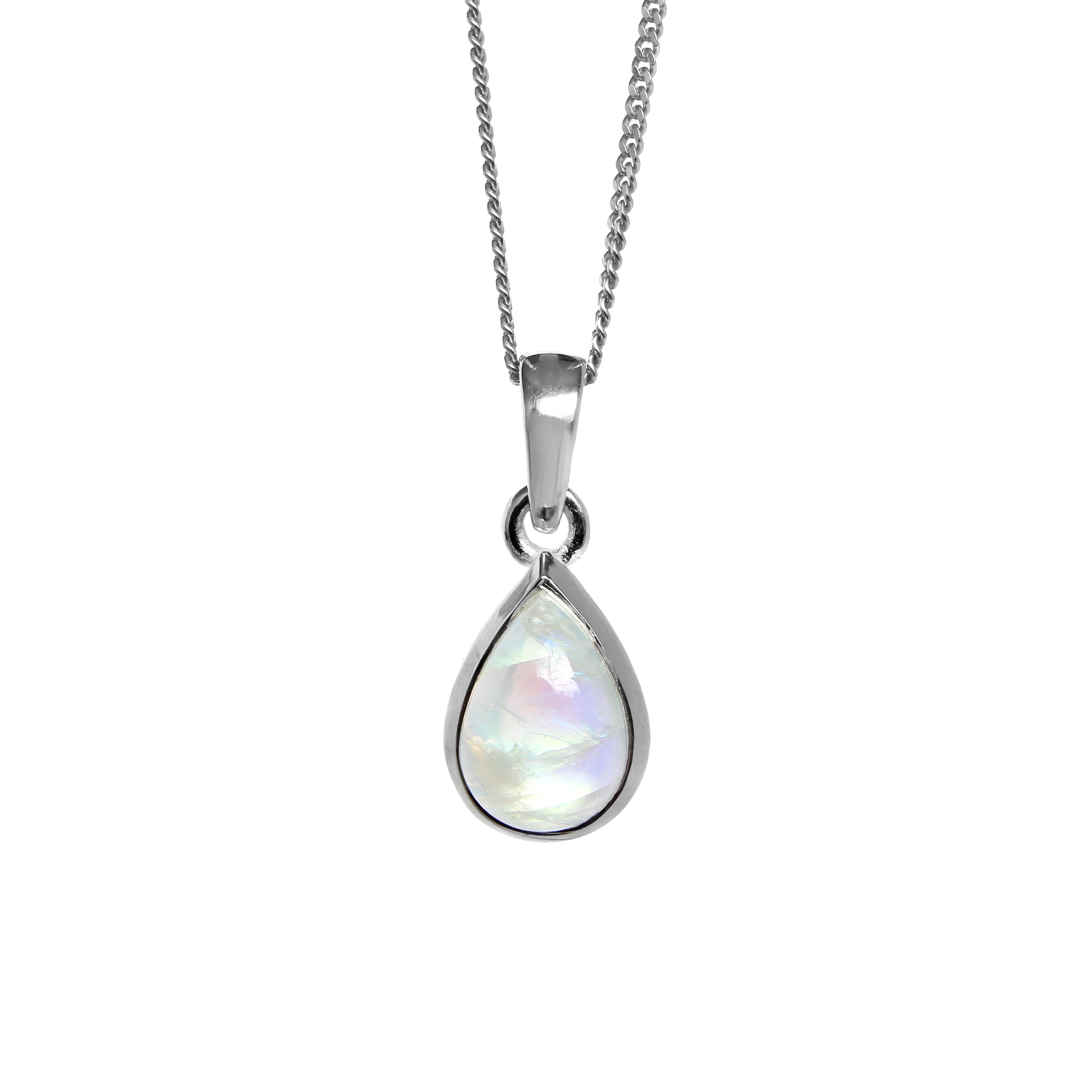 A product photo of a pear-shaped cabochon moonstone pendant suspended by a chain over a white background. The moonstone gem has a smooth, rounded surface, with milky natural inclusions and a blue moonstone sheen. It is held in place by a thick silver frame.