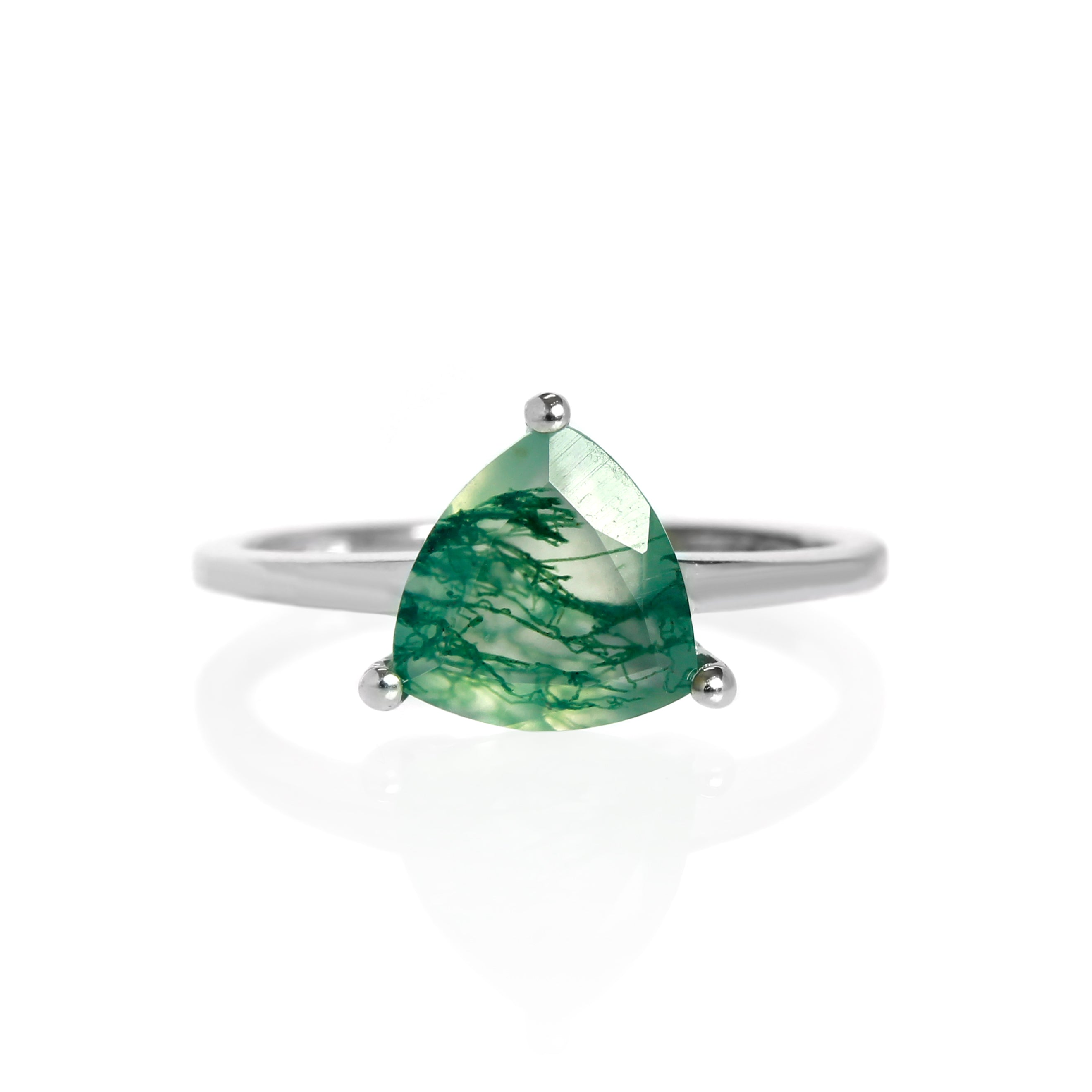 A product photo of a gold moss agate solitaire ring on a white background. The band is plain and smooth, meeting on either side of the 8mm trilliant faceted-cut moss agate gemstone, held in place by 3 delicate golden claws on each corner.