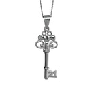 A product photo of a ceremonial key pendant for one's 21st birthday, set in solid 925 sterling silver. The bow of the key is made up of ornate symmetrical sterling silver detailing. The shank is smooth silver, with the key's two wards shaped as the numbers "21".