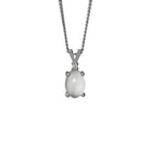 A product photo of a white moonstone pendant set in solid sterling 925 silver suspended by a silver chain over a white background. The white, opalescent moonstone shimmers, and is topped a single white moissanite.