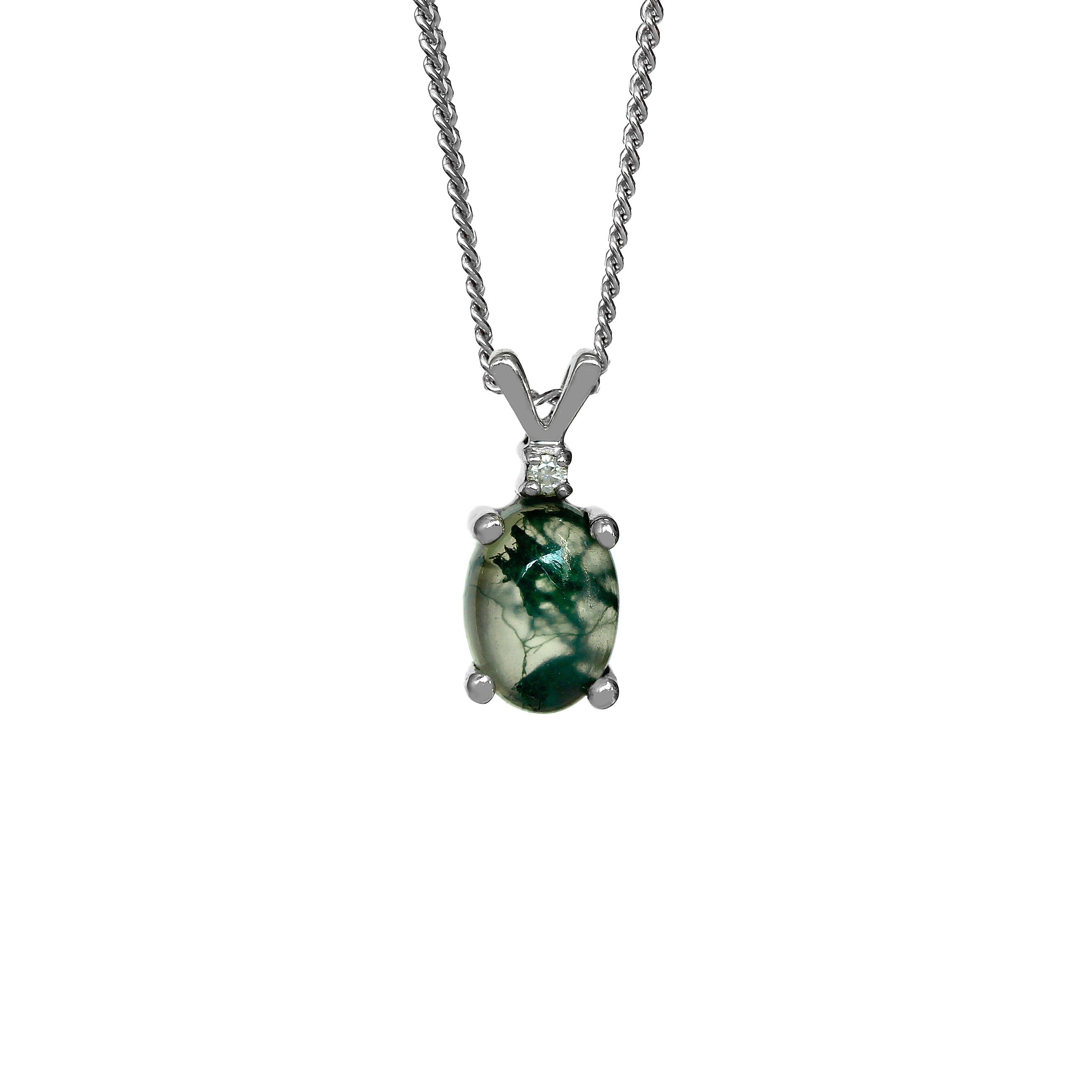 A product photo of a moss agate pendant set in solid sterling 925 silver suspended by a silver chain over a white background. The moss agate gemstone shimmers, and is topped a single white moissanite.