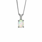 A product photo of a white opal pendant set in solid sterling 925 silver suspended by a silver chain over a white background. The white opal gemstone shimmers with multi-coloured rainbow fire, and is topped a single white moissanite.