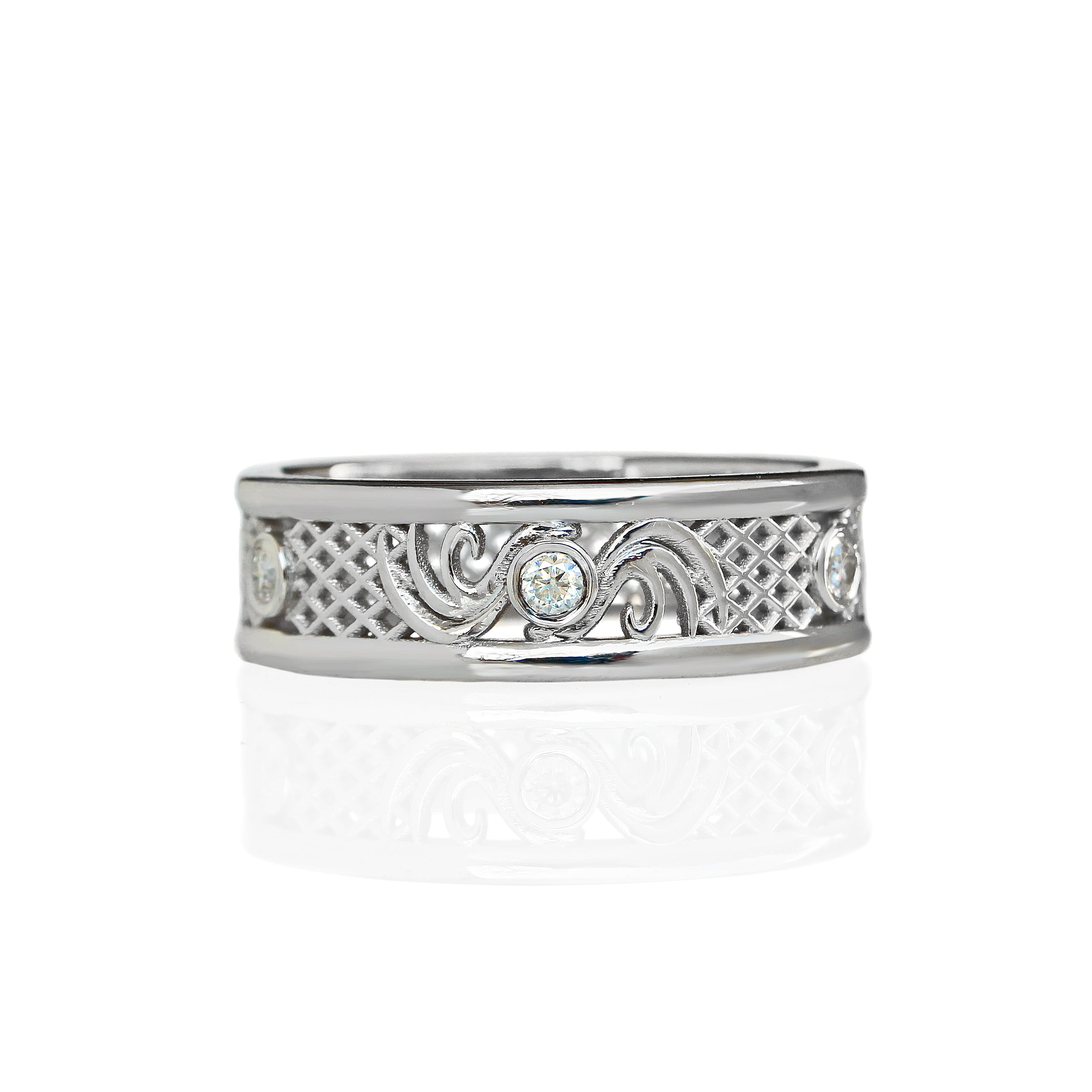 A product photo of a filigree detailed unisex wedding band in solid 925 sterling silver on a white background. The filigree patterning consists of netted silver details, that switches into swirling floral patterning around 3 of the 6 total 0.03ct dazzling white moissanite gemstones worked into the filigree detailing, each held in place by a bezel setting. 