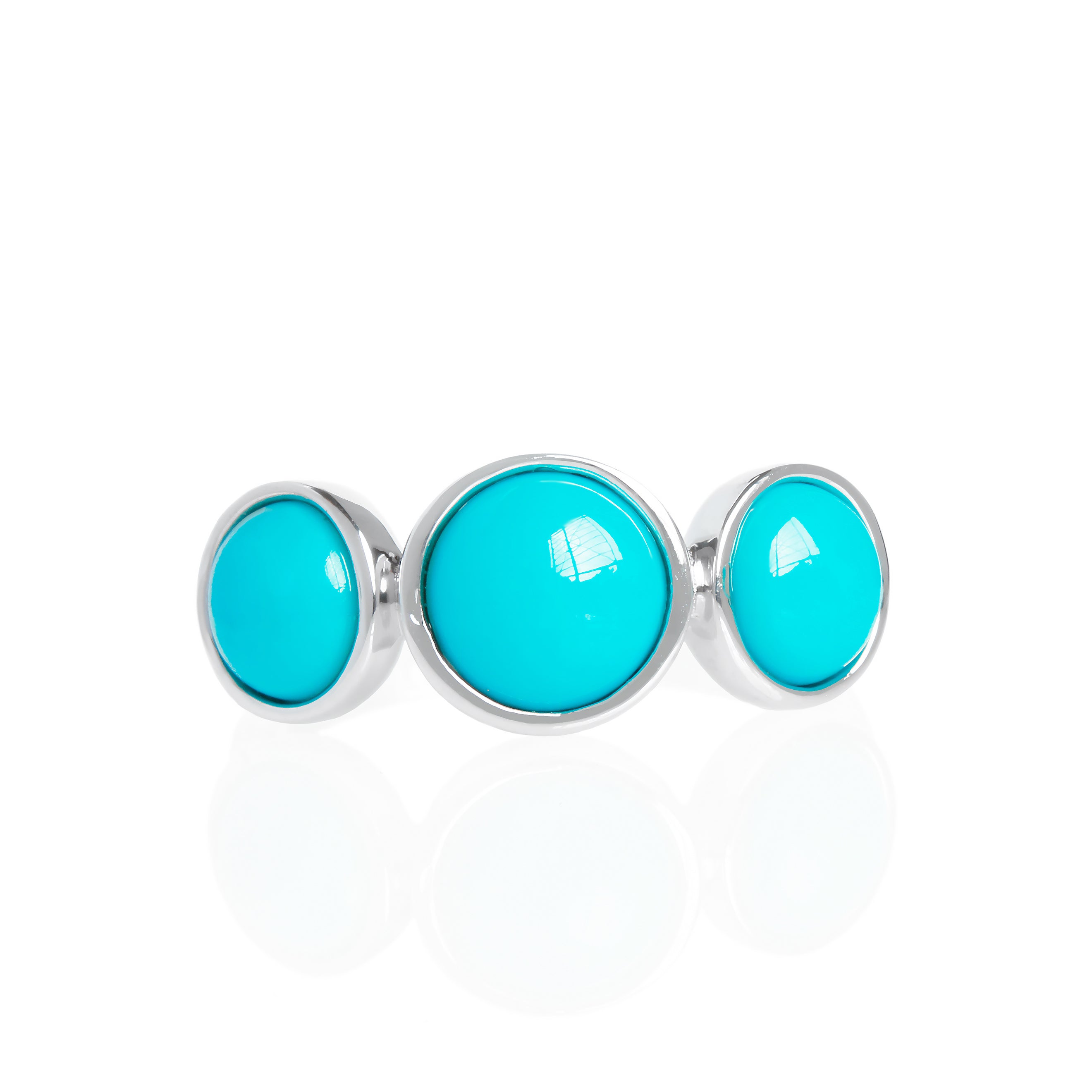 A product photo of a turquoise silver ring on a white background. The ring consists of 3 stones total, 2 are 6mm in width, the centre stone being 7mm, each encased in a layer of silver bezel setting. The 3 cabochon-cut blue turquoise stones hail straight from the Sleeping Beauty mountains of Arizona. 