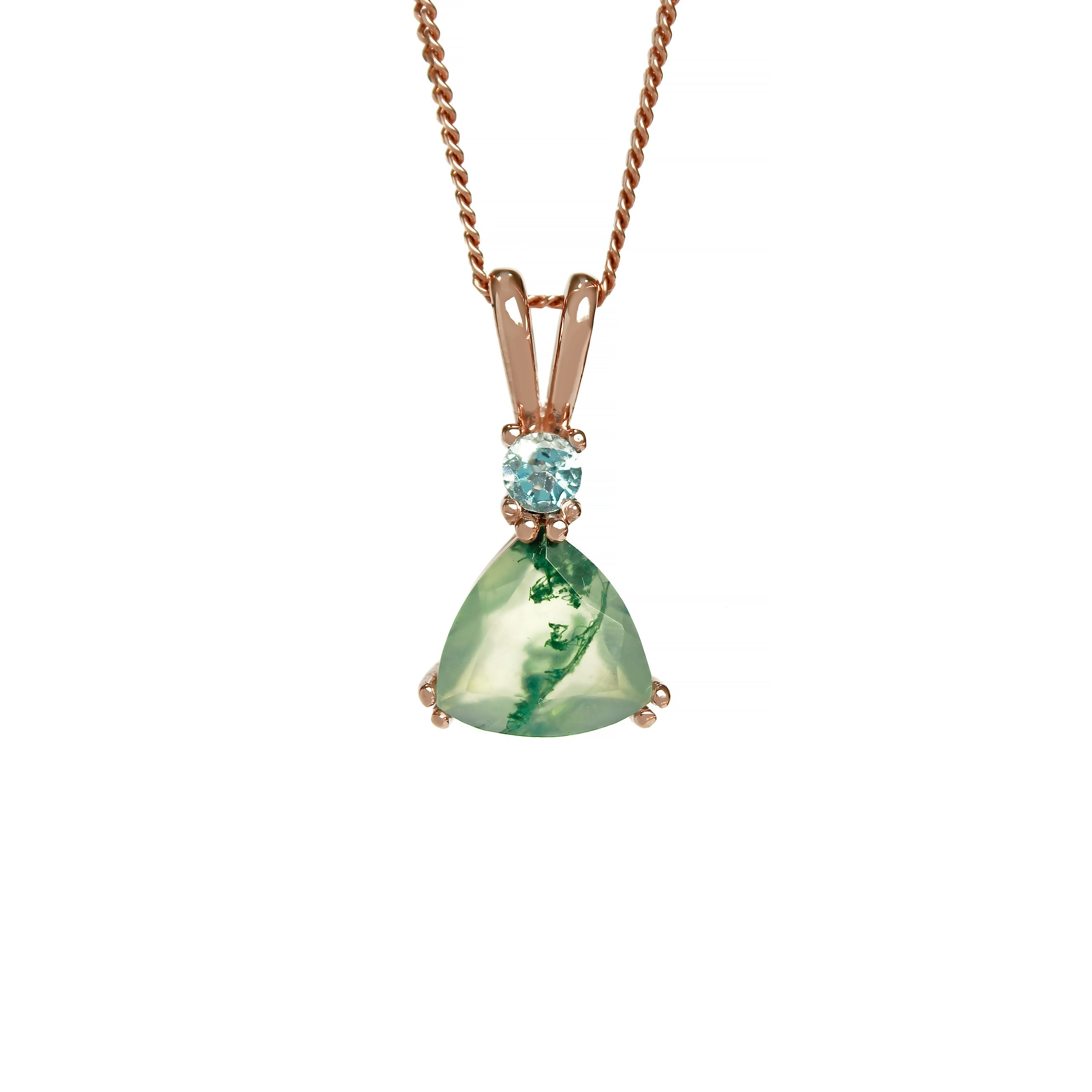 A product photo of a rose gold moss agate and aquamarine necklace suspended against a white background. The beautifully unique trilliant moss agate stone is held in place by 2 claws on each corner, with a singular vibrant blue aquamarine connecting the stone to pendant's split bail.