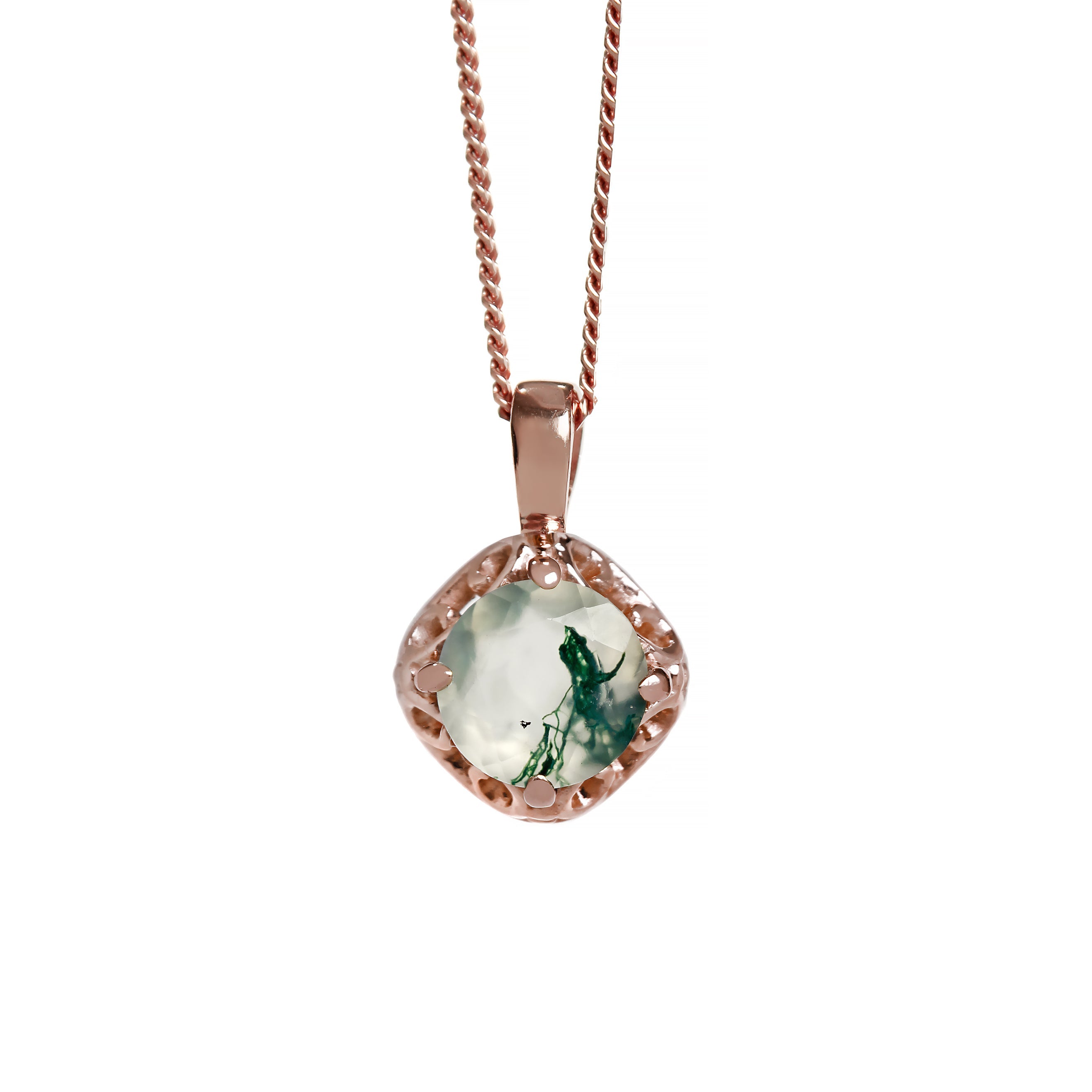 A product photo of a 7mm round moss agate pendant in 9k rose gold suspended by a gold chain against a white background. The stone is held in place by 4 delicate golden claws. The 7mm round moss agate stone has light semi-opaque base colouring and swirling, dendritic tendrils of deep green and black inclusions