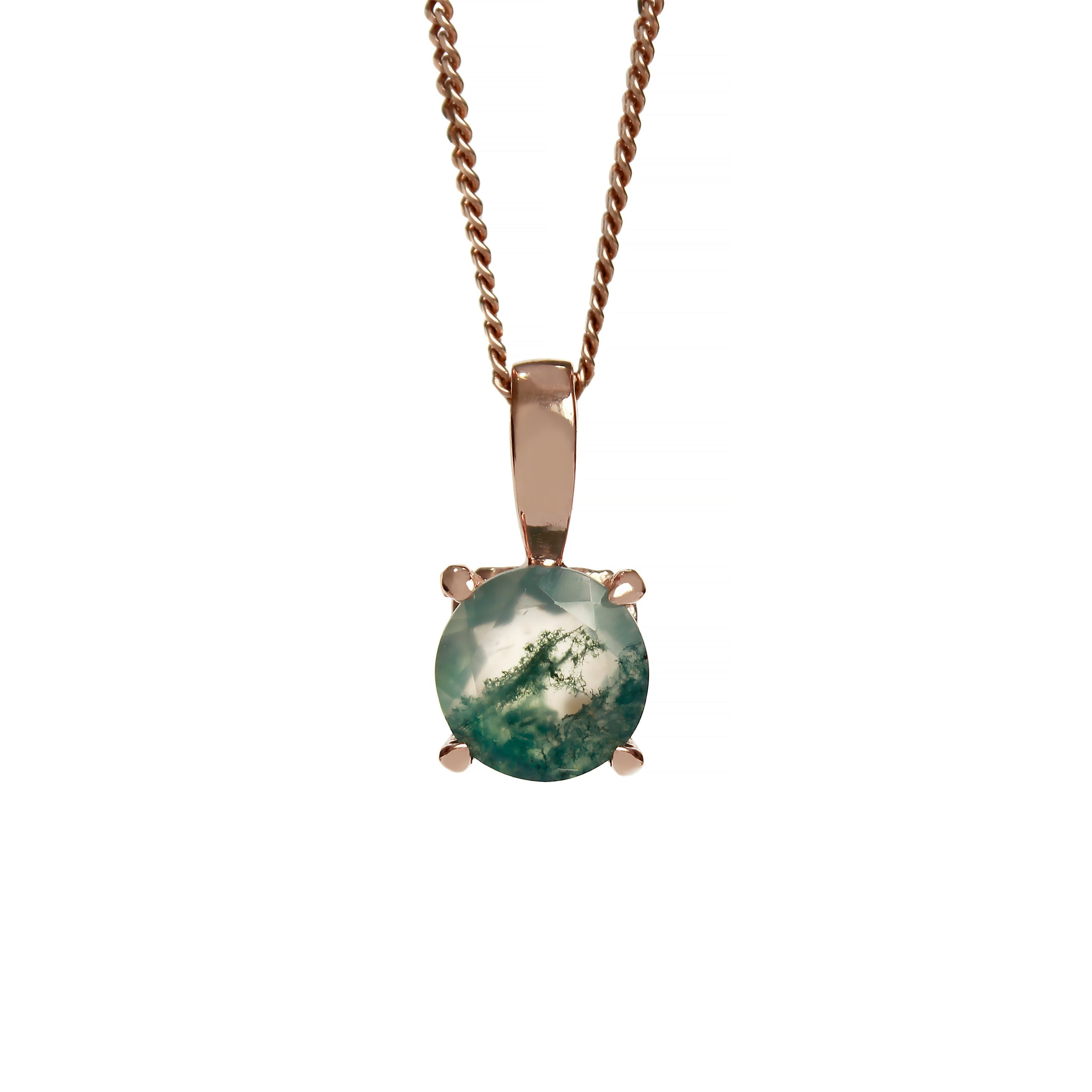 A product photo of a 6mm round moss agate pendant in 9k rose gold suspended by a gold chain against a white background. The stone is held in place by 4 delicate golden claws.