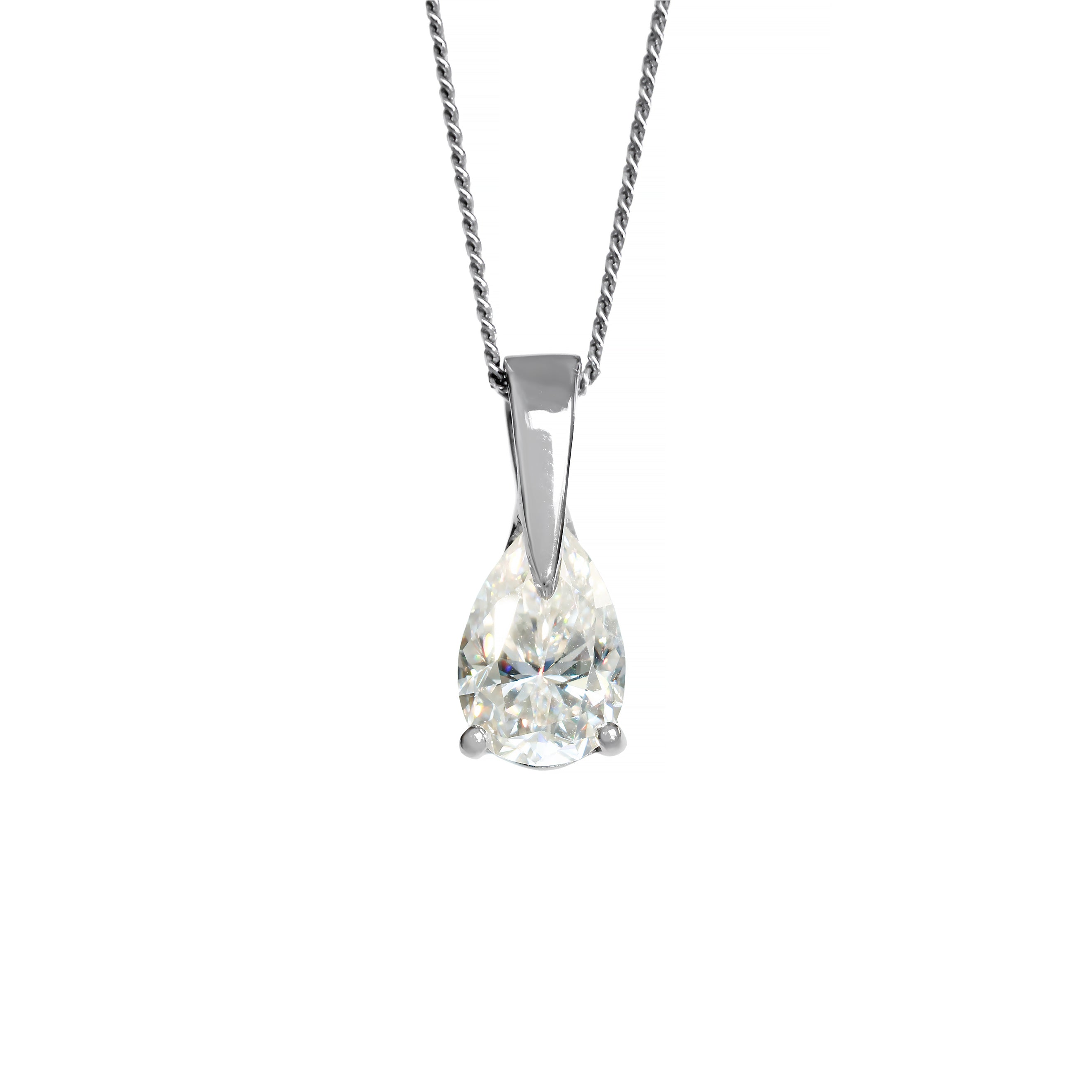 A product photo of a pear-shaped, white moissanite pendant set in a solid pointed white gold setting. The gemstone is smooth and reflective, with a classic teardrop shape. The pendant is suspended from a delicate chain.