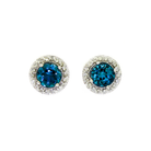 A product photo of a pair of white gold london blue topaz earrings sitting against a white background. The pair of circle-cut topaz stones are surrounded by thick frames of ornately detailed white gold and diamond detailing.