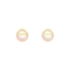 A product photo of simple peach-coloured pearl yellow gold earring studs on a white background.