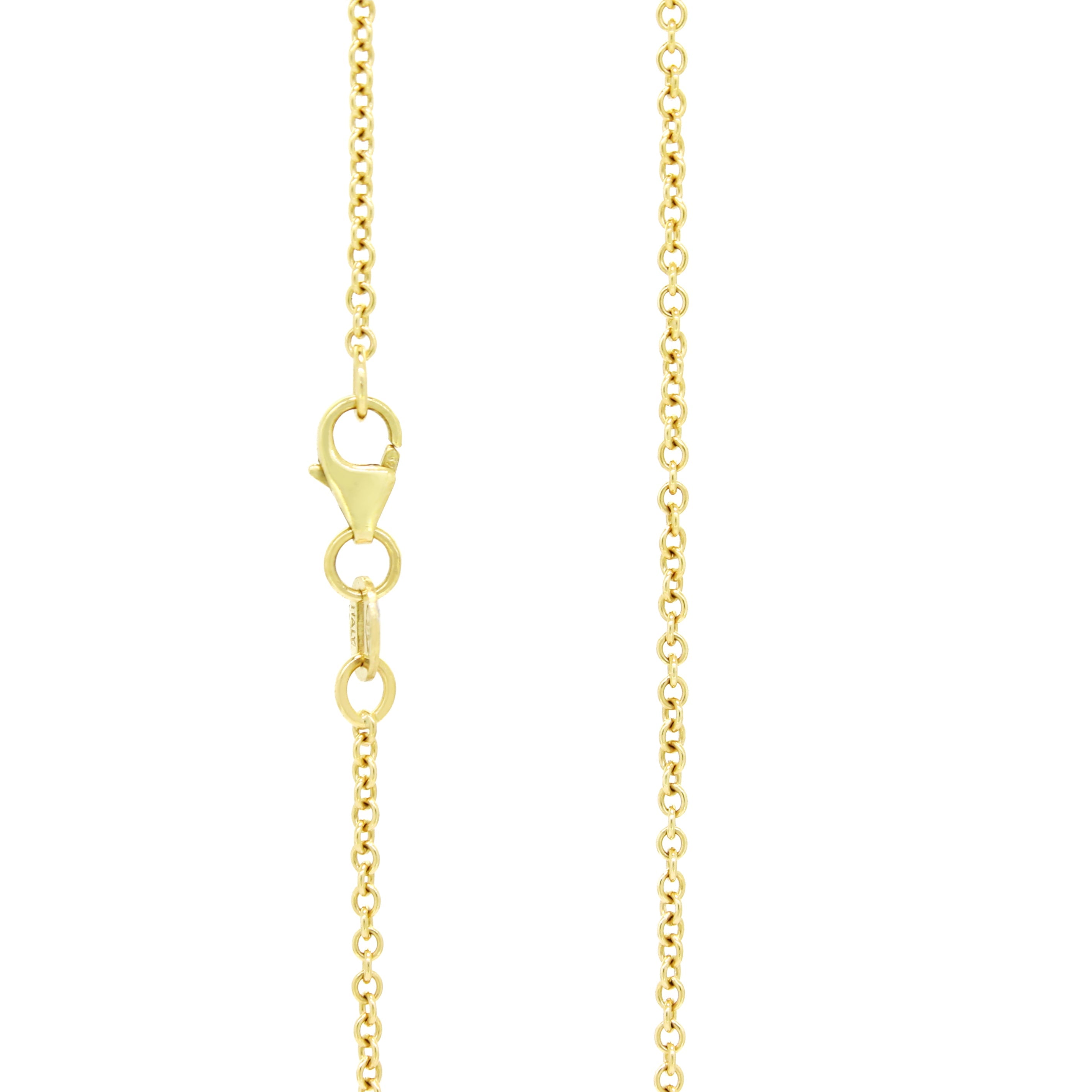 A product photo of a 9k yellow gold chain for a pendant on a blank white background. The chain has classic, 40 gauge ovoid-shaped rolo links.