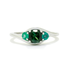 A product photo of a mystical tourmaline and emerald fantasy ring in solid 9k white gold on a white background. The deep, forest-green tourmaline is held in place by 4 claws and reflects light off of its many facets, while the emeralds on either side are held by 3 each. The smooth white gold band curves elegantly, meeting at the top and bottom of the tourmaline and emerald arrangement. The green gemstone colour be a good emerald substitute.