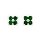 A product photo of a pair of silver tsavorite earrings sitting on a white background. Each earring is made up of 4 3mm round green tsavorite stones, 8 silver claws and one silver diamond-shaped divider in the centre - creating the illusion of a green and silver square. The green gemstone colour makes it a good alternative to emerald.