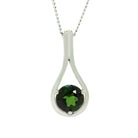 A product photo of a round green tourmaline pendant held in place by a frame of white gold in the shape of a teardrop, suspended against a white background.