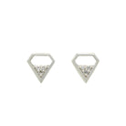 A product photo of a pair of diamond stud earrings set in solid 9ct white gold sitting on a blank background. 3 tiny diamonds sit at the base of thick golden frames, which forms the shape of a diamond jewel icon.