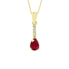 A product photo of a 7x5mm Pear Ruby & Diamond Earrings in 9k Yellow Gold suspended against a white background. A golden strip connects the deep, pink-hued ruby stone to the stud, adorned with 3 diamonds. It is suspended by a simple gold chain.