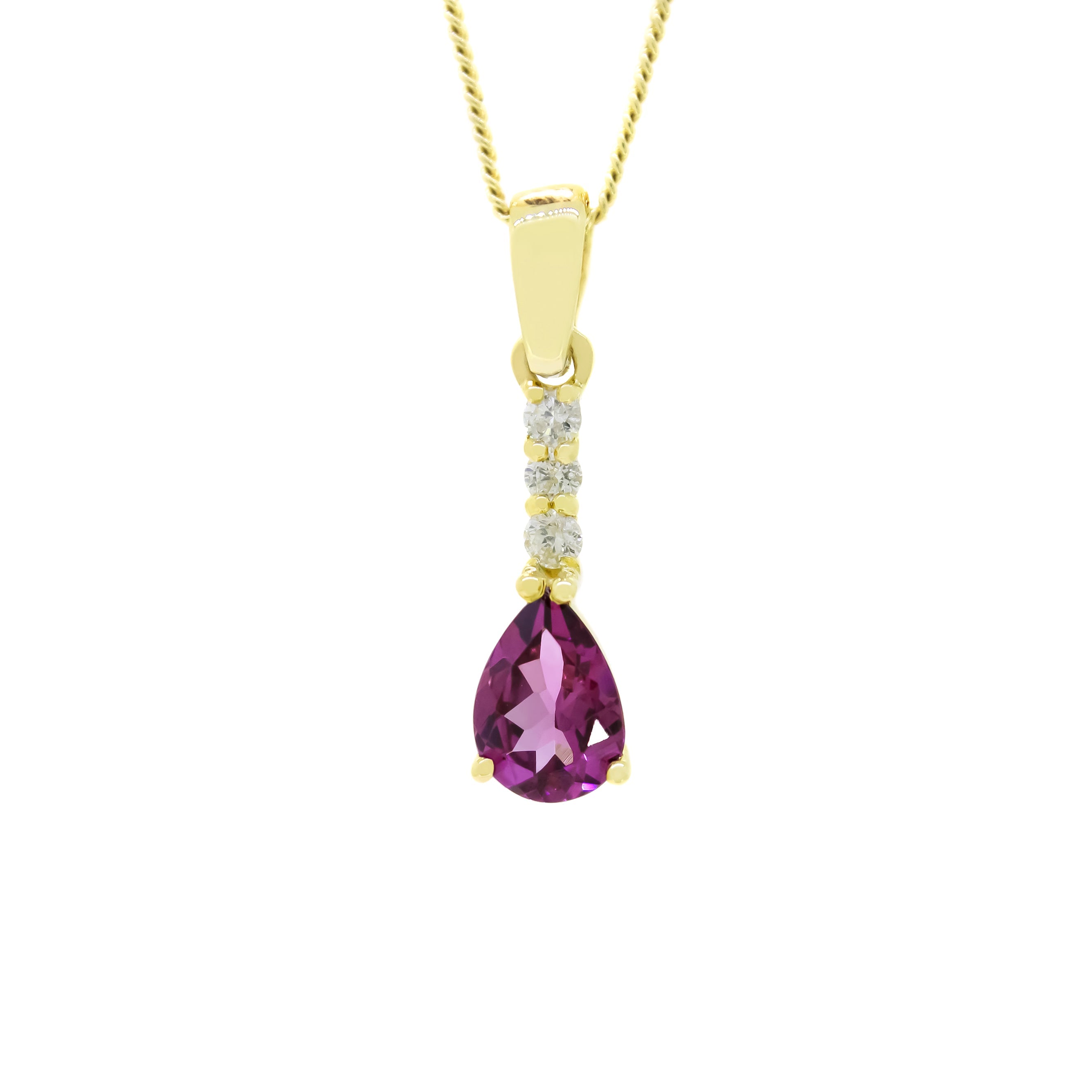 A product photo of a 7x5mm Pear Grape Garnet & Diamond Earrings in 9k Yellow Gold suspended against a white background. A golden strip connects the deep, magenta-hued garnet stone to the stud, adorned with 3 diamonds. It is suspended by a simple gold chain.