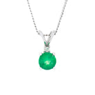 A product photo of a delicate, ornate emerald pendant with a single diamond accent suspended against a white background.