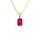 A product photo of a 0.66ct rectangular ruby and diamond pendant in 9k yellow gold suspended against a white background. The rectangular, emerald-cut ruby is a stunningly bright magenta colour, with deep natural inclusions making the stone appear as though deep red ink is swirling within. A single white diamond sits atop it, before meeting the split golden bail.