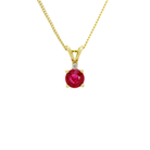 A product photo of a 0.40ct round ruby and diamond pendant in 9k yellow gold suspended against a white background. The delicate ruby gemstone is a stunningly bright magenta colour, with deep natural inclusions making the stone appear as though deep red ink is swirling within. A single white diamond sits atop it, before meeting the split golden bail.