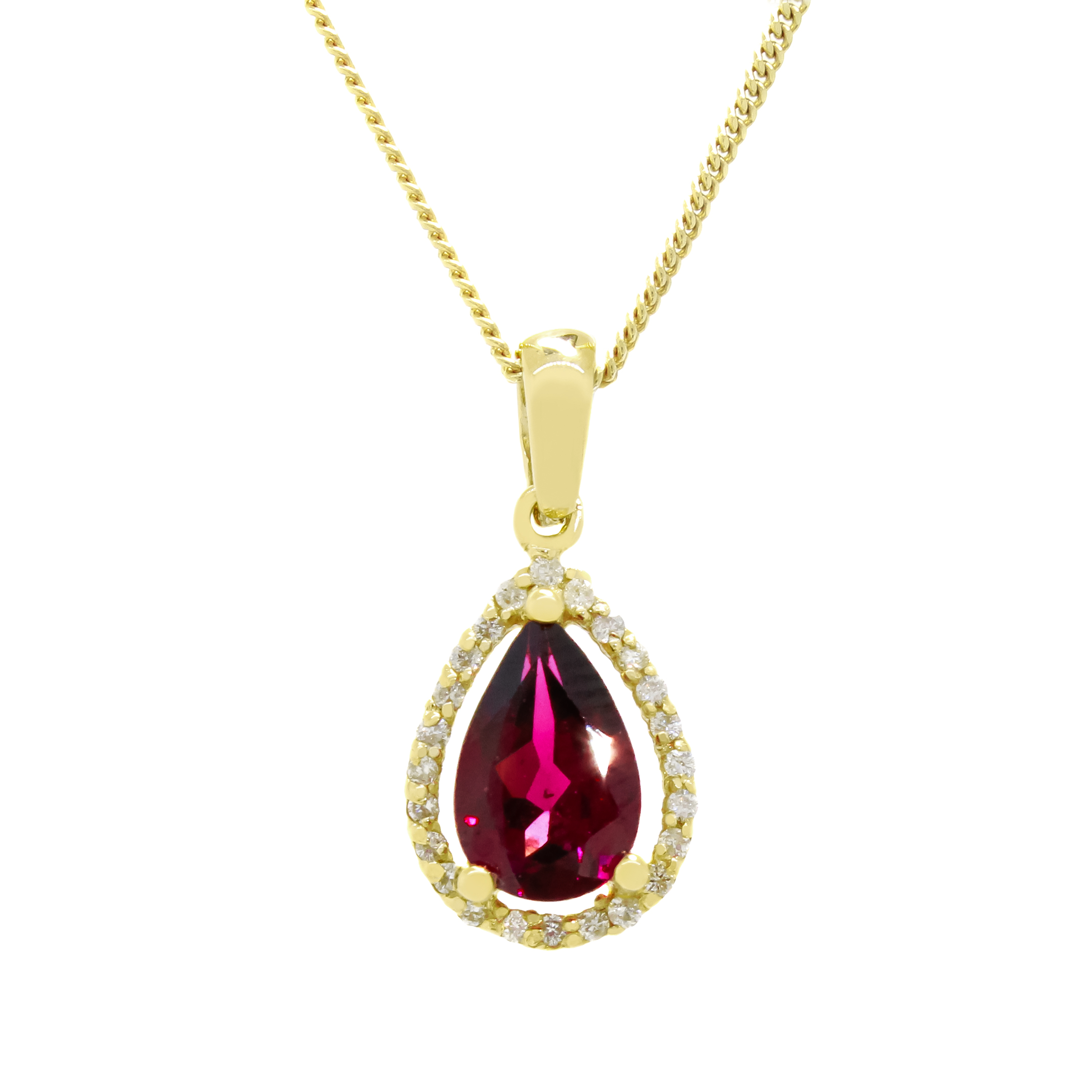 A product photo of a modern and elegant rhodalite and diamond pendant in 9k yellow gold. The pear shaped purple rhodalite garnet jewel sits at the base of a teardrop-shaped frame of solid yellow gold, adorned with diamond details.