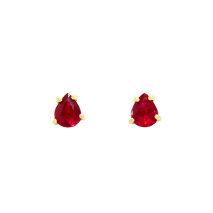 A product photo of 4x5mm Pear Shaped Ruby Earring Studs in 9k Yellow Gold sitting on a plain white background. The 2 ruby stones measure 4mm across and are deep red, reflecting sanguine and magenta hues across their multi-faceted edges, and are each held in place by dainty golden claws.