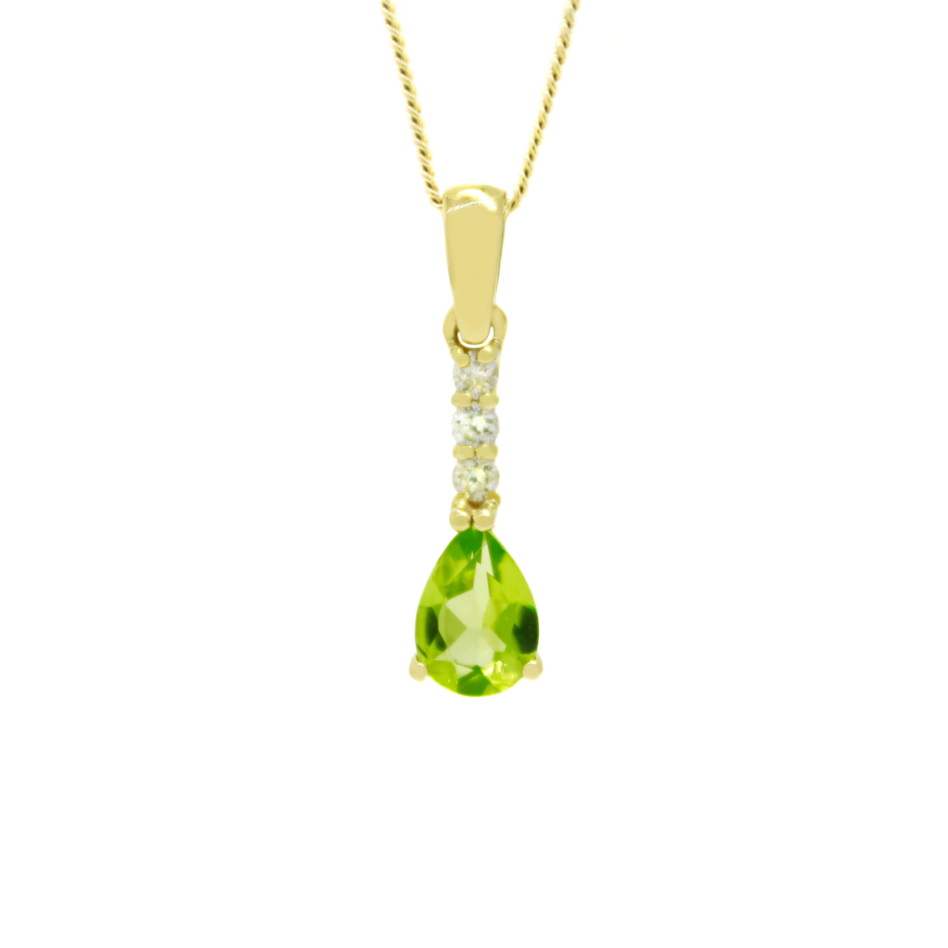 A product photo of a 7x5mm Pear Peridot & Diamond Earrings in 9ct Yellow Gold suspended against a white background. A golden strip connects the Peridot stone to the stud, adorned with 3 diamonds. It is suspended by a simple gold chain. The peridot reflects chartreuse hues across its multi-faceted edges.