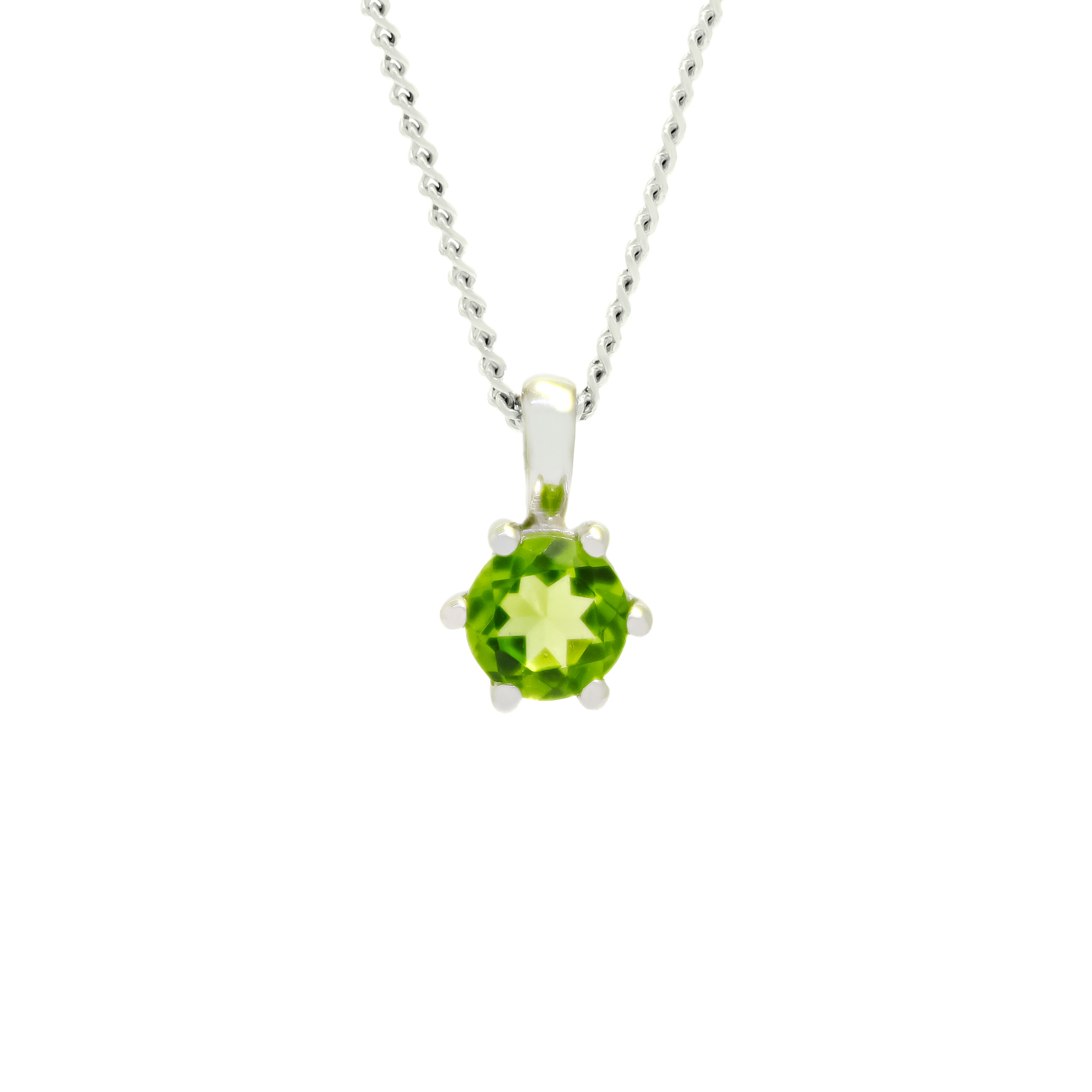 A product photo of a 5mm Round Peridot Pendant in 9ct White Gold suspended against a white background. The stone is held in place by 6 delicate golden claws. It is suspended by a simple gold chain. The peridot reflects chartreuse hues across its multi-faceted edges.