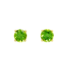 A product photo of two 9ct yellow gold stud earrings sitting on a white background. Held in place by 4 golden claws each are two dazzling 6mm round-cut green peridot stones, reflecting leafy and chartreuse hues from their many edges.