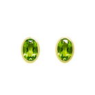 A product photo of a pair of peridot earrings in 9ct yellow gold sitting on a white background. The fine 6x4mm peridots are framed in a thick layer of yellow gold in a bezel setting.