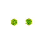 A product photo of two yellow gold stud earrings sitting on a white background. Held in place by 6 golden claws each are two dazzling round-cut peridot gemstones, reflecting shades of grass-green light from their many edges.