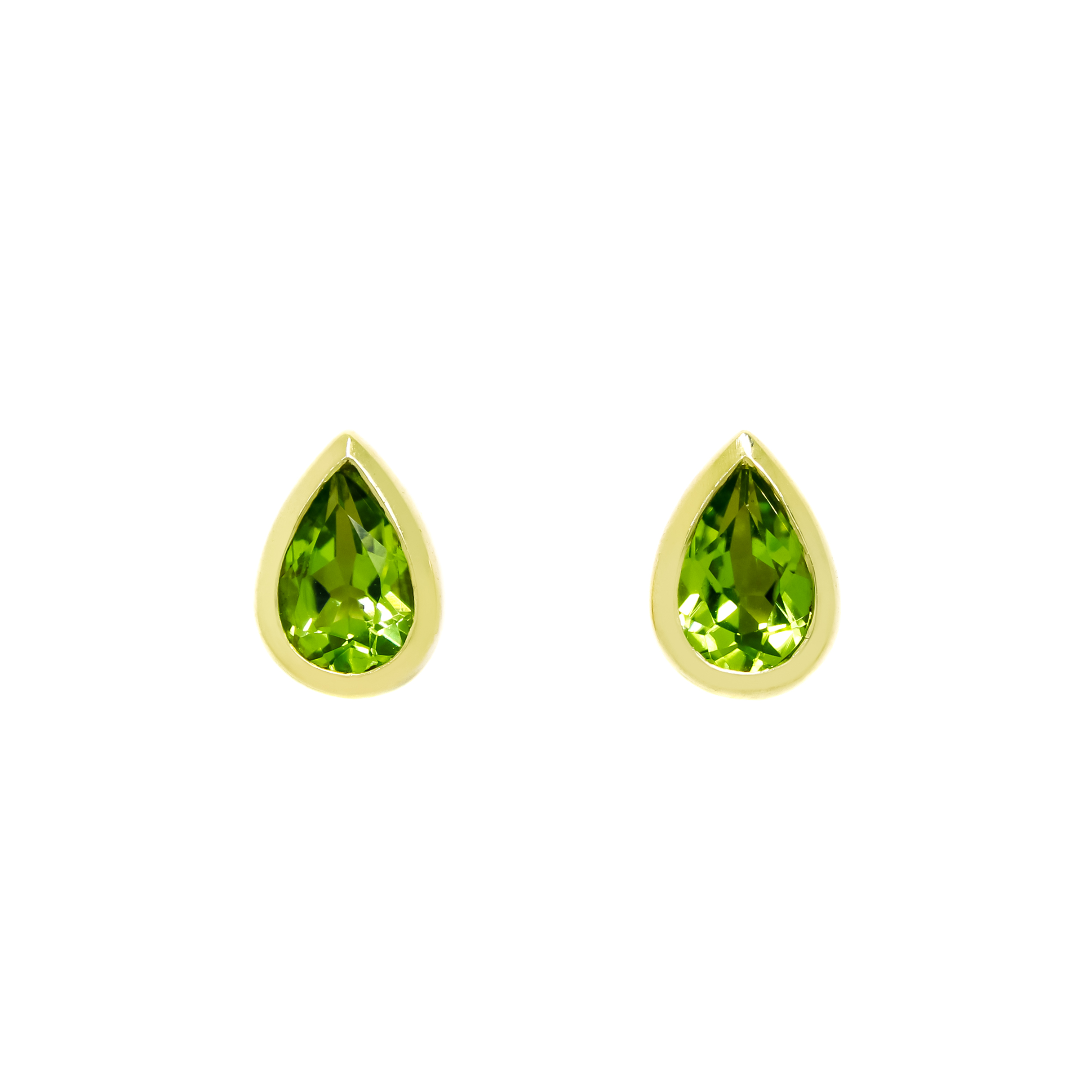 A product photo of 9ct yellow gold peridot stud earrings sitting on a white background. The pear-shaped stones are encased by thick, yellow gold frames in the shapes of teardrops. The bright green peridot stones reflect chartreuse light from their many edges.