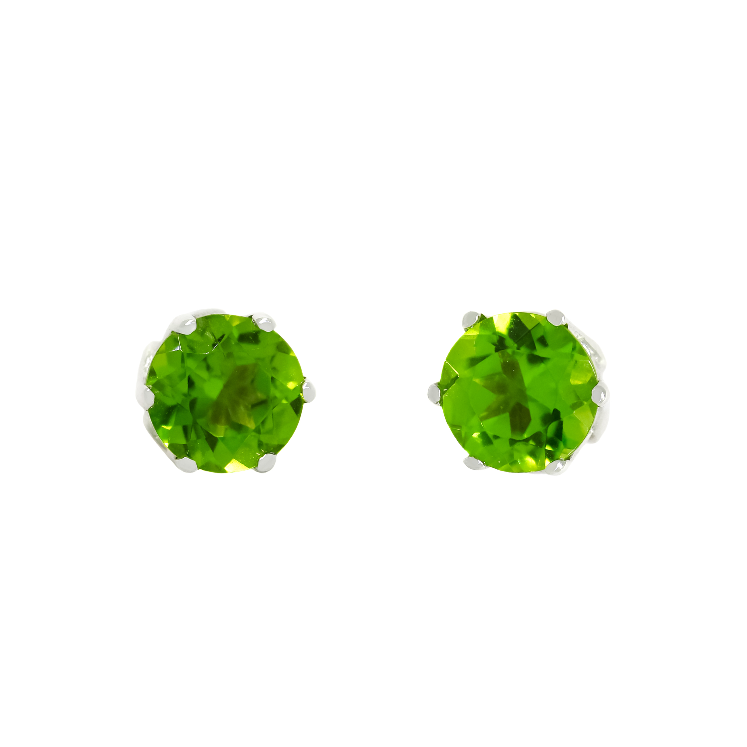 A product photo of 7mm Round Peridot Earring Studs in 9ct Yellow Gold sitting on a plain white background. The stones are held in place by 4 delicate golden claws arranged in a flower-like pattern where they meet the stud. The peridots reflect chartreuse hues across their multi-faceted edges.