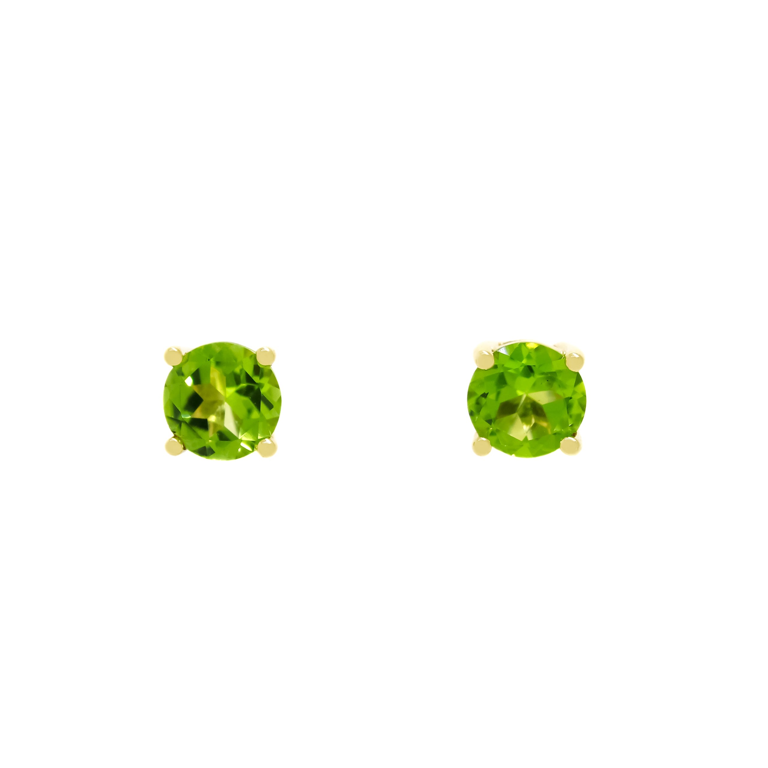 A product photo of two 9ct yellow gold stud earrings sitting on a white background. Held in place by 4 golden claws each are two dazzling 6mm round-cut green peridot stones, reflecting leafy and chartreuse hues from their many edges.