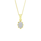 A product photo of a white opal pendant set in solid 9ct gold suspended by a golden chain over a white background. The white opal stone shimmers with orange and green fire, and is framed by flowery yellow gold detailing.