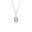 A product photo of a white opal pendant set in solid 9ct gold suspended by a golden chain over a white background. The white opal stone shimmers with orange and green fire, and is framed by flowery white gold detailing.