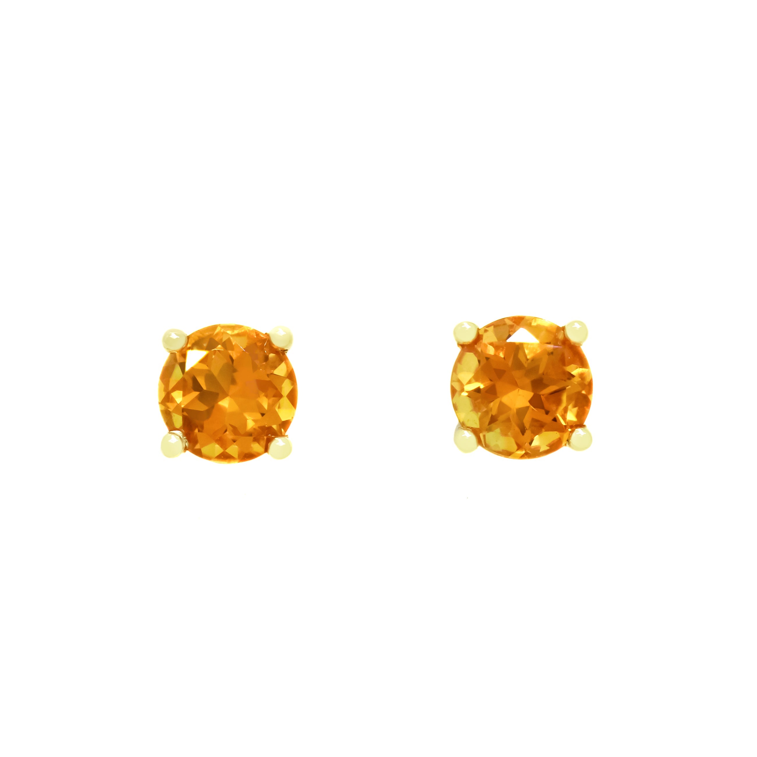 A product photo of two 9 karat yellow gold stud earrings sitting on a white background. Held in place by 4 golden claws each are two dazzling 6mm round-cut orange citrine stones, reflecting fiery orange and yellow hues from their many faceted edges.