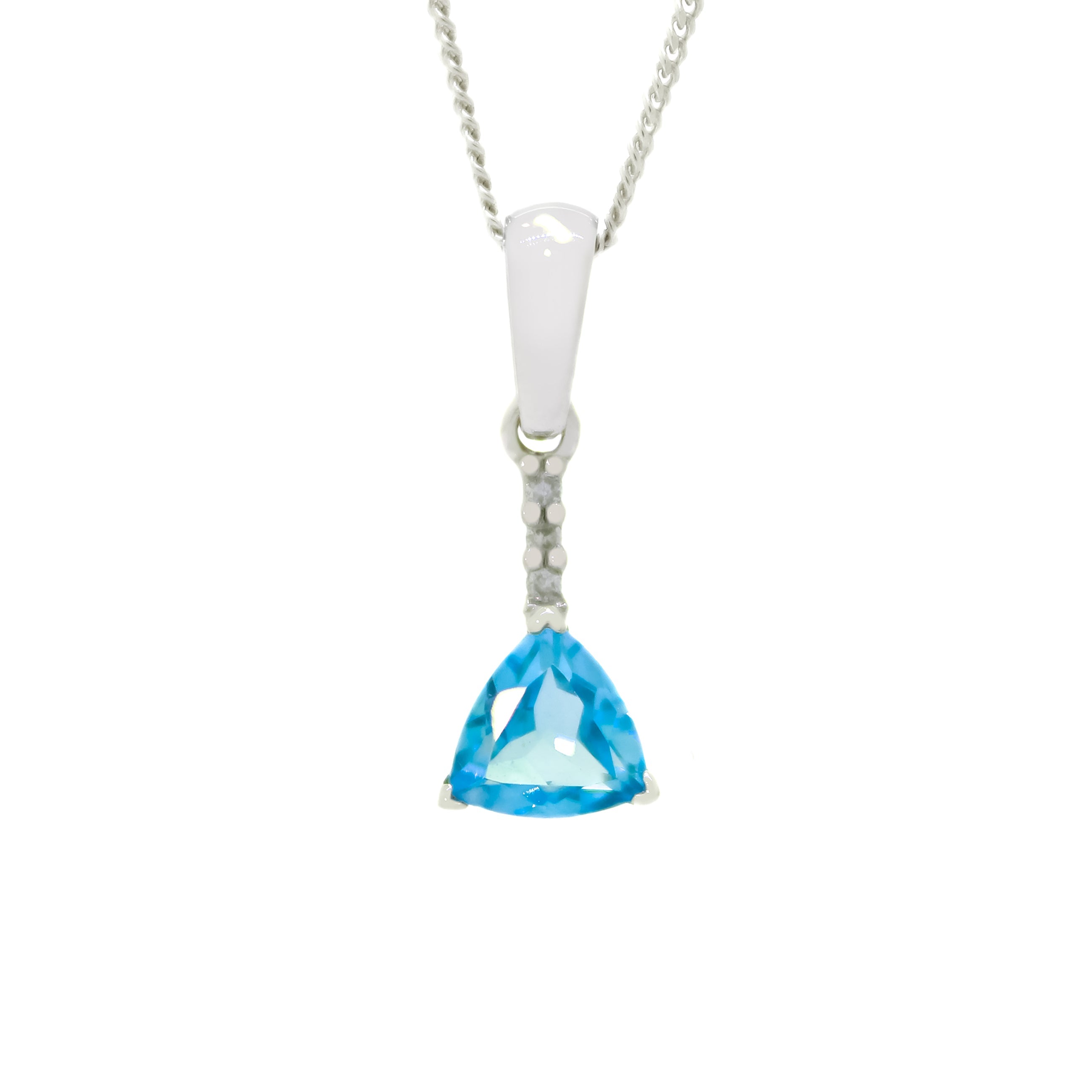 A product photo of a 5mm trilliant blue & Diamond necklace in 9k White Gold against a white background. A golden strip connects the topaz to the stud, adorned with 3 diamonds.