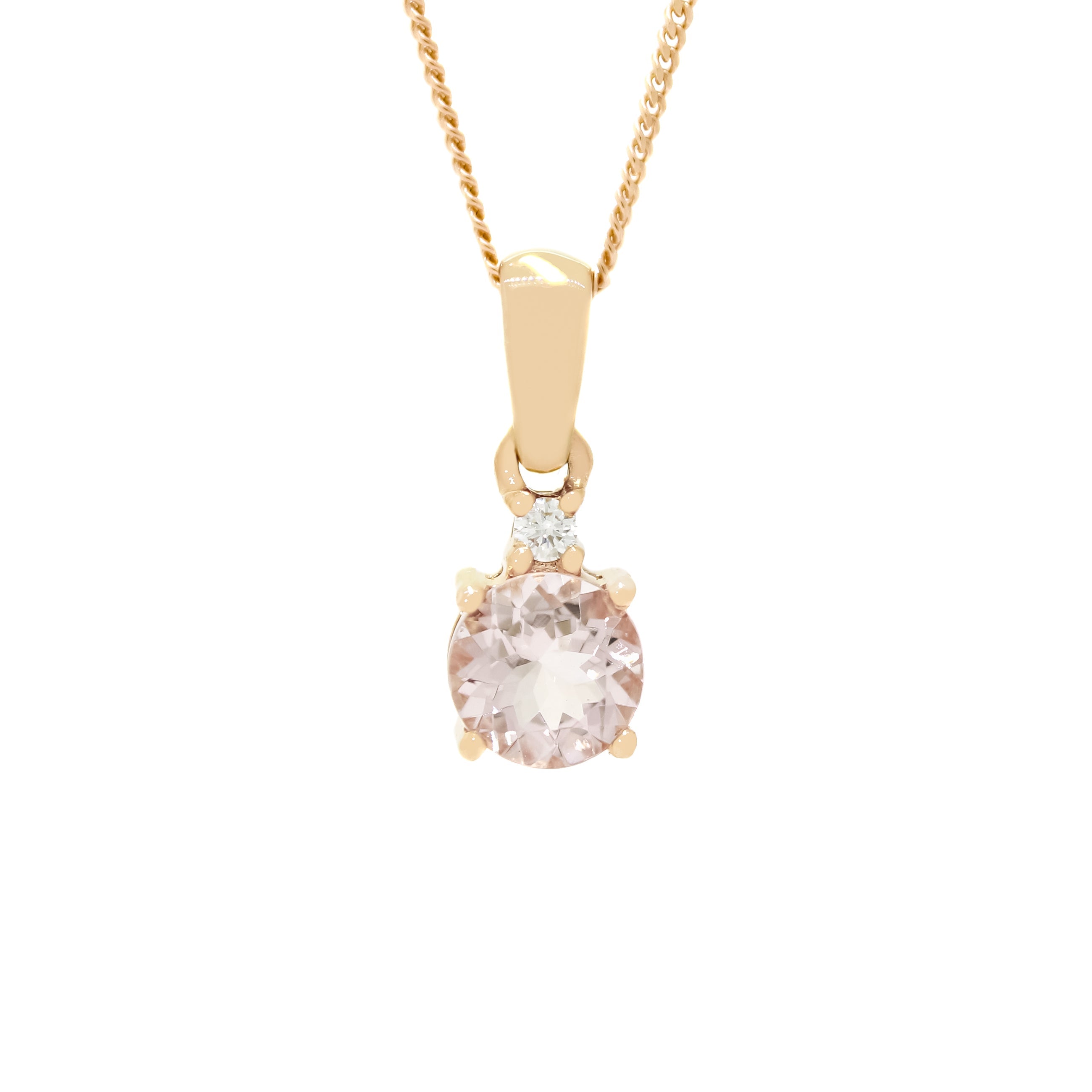 A product photo of a large, 6mm round morganite and diamond pendant suspended by a 9ct rose gold chain over a plain white background. The 0.96ct morganite stone is a bright, pale pink, complementing the rose gold of the pendant.