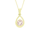 A product photo of a yellow gold morganite necklace suspended  against a white background. The pale pink morganite stone, held in place by 4 claws, sits at the bottom of a thick, teardrop-shaped frame of yellow gold.