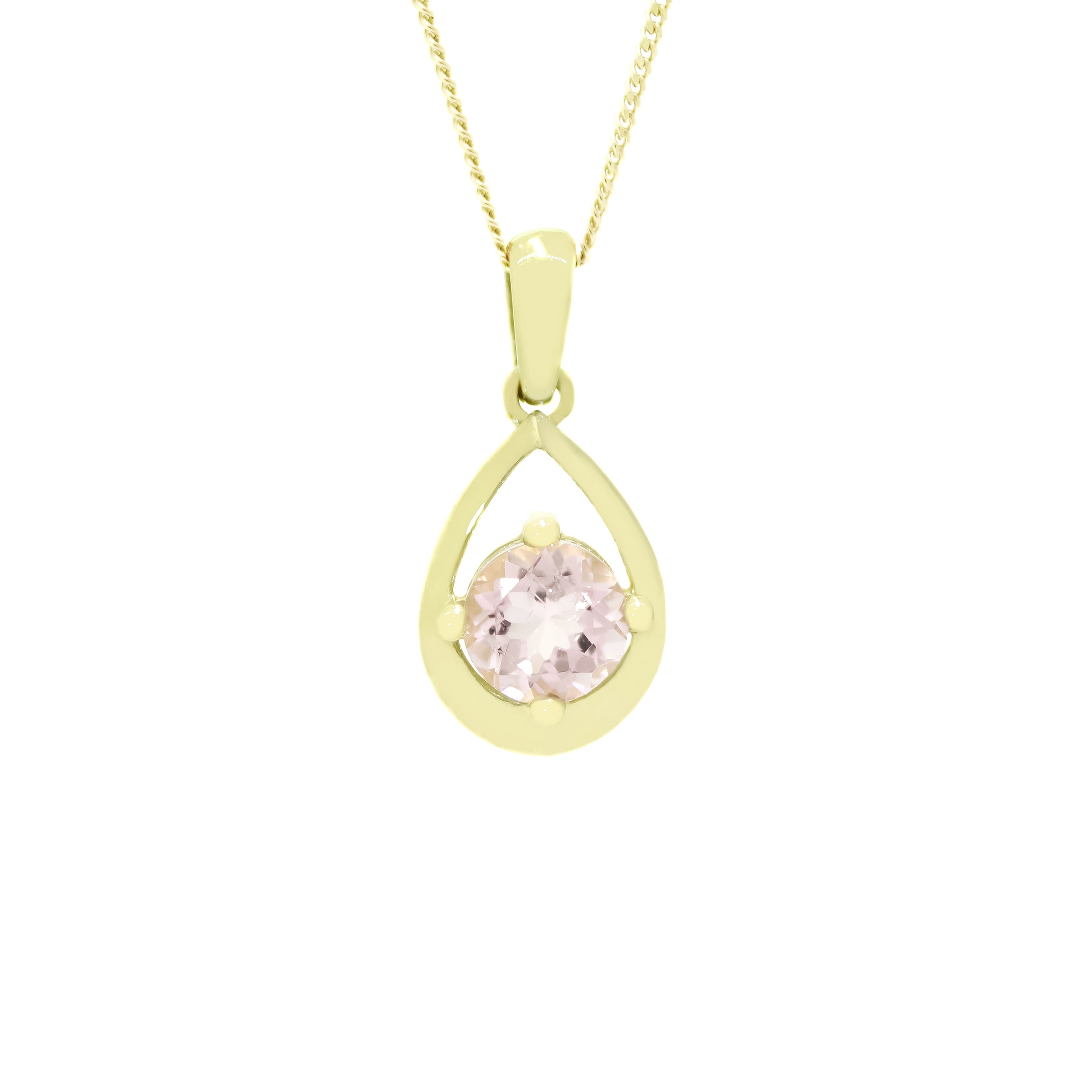 A product photo of a yellow gold morganite necklace suspended  against a white background. The pale pink morganite stone, held in place by 4 claws, sits at the bottom of a thick, teardrop-shaped frame of yellow gold.