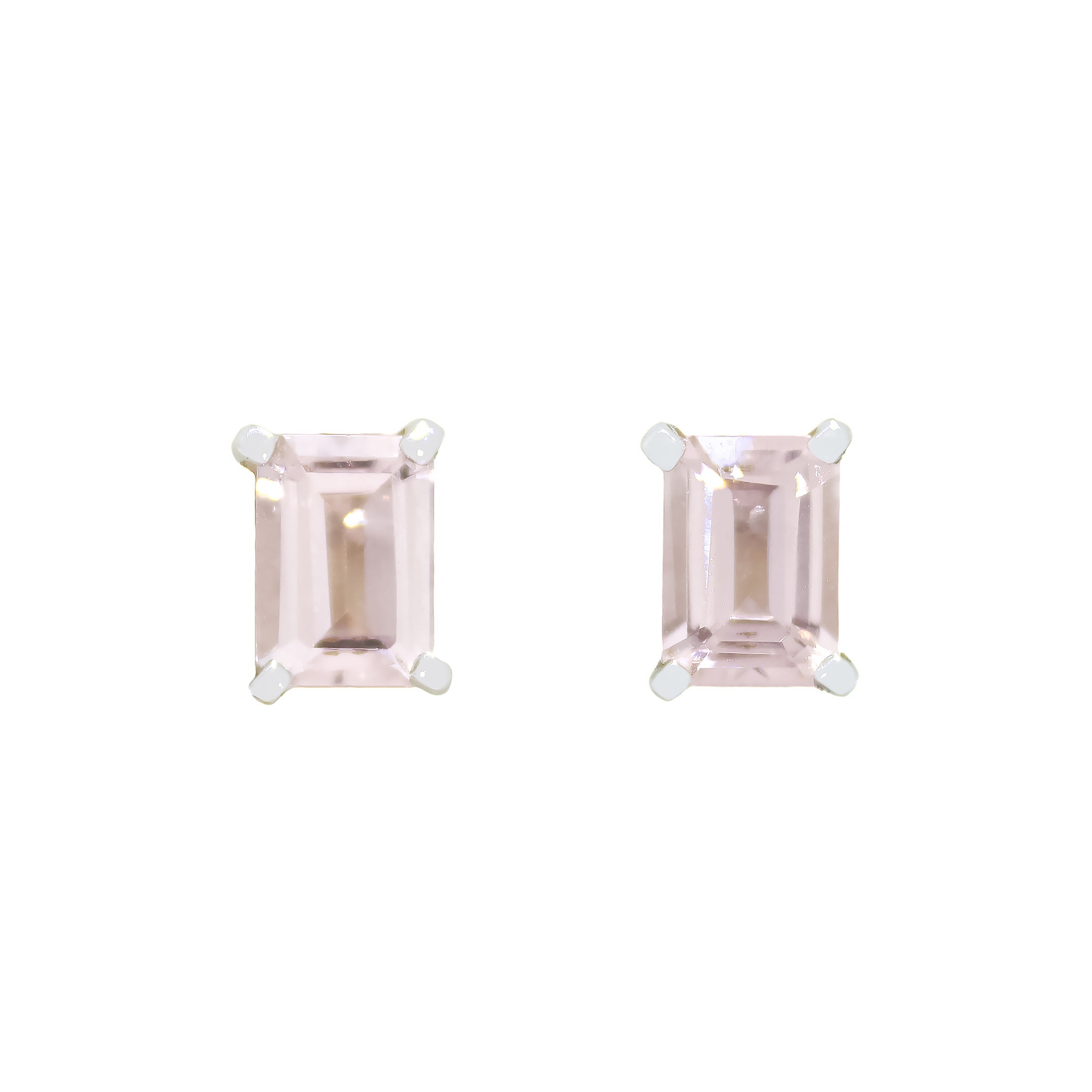 A product photo of a pair of 9ct white gold morganite earrings sitting on a white background. The emerald-cut 7x5mm morganite stones are held in place by 4 golden claws, and reflect baby pink hues from their edges.