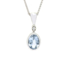 A product photo of a Bezel-set Aquamarine Pendant and diamond in 9ct White Gold suspended by a gold chain on a plain white background. Above the bezel-set aquamarine stone sits a single white diamond, also encased in white gold.