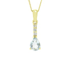 A product photo of a 7x5mm Pear Aquamarine & Diamond Pendant in 9k Yellow Gold suspended against a white background. A golden strip connects the aquamarine to the bail, adorned with 3 diamonds. It is suspended by a simple gold chain.