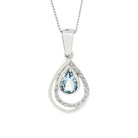 A product photo of a modern and elegant aquamarine and diamond pendant in 9k white gold. The pear-shaped bezel--set aquamarine jewel sits at the base of a teardrop-shaped frame of solid white gold, adorned with diamond details, which is echoed by a another teardrop-shaped smooth golden frame slightly offset from the centre.