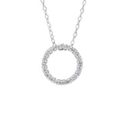 A product photo of a solid 9ct white gold and moissanite pendant suspended by a golden chain against a white background. The design is made up of 20 moissanite jewels arranged in a perfect hollow circle, reminiscent of an abstract ouroboros jewellery design. All of the moissanite jewels are held in place by delicate golden claws.