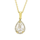 A product photo of a modern and elegant moissanite halo pendant in 9k yellow gold. The pear shaped white moissanite jewel sits at the base of a teardrop-shaped frame of solid yellow gold, adorned with moissanite smalls details.